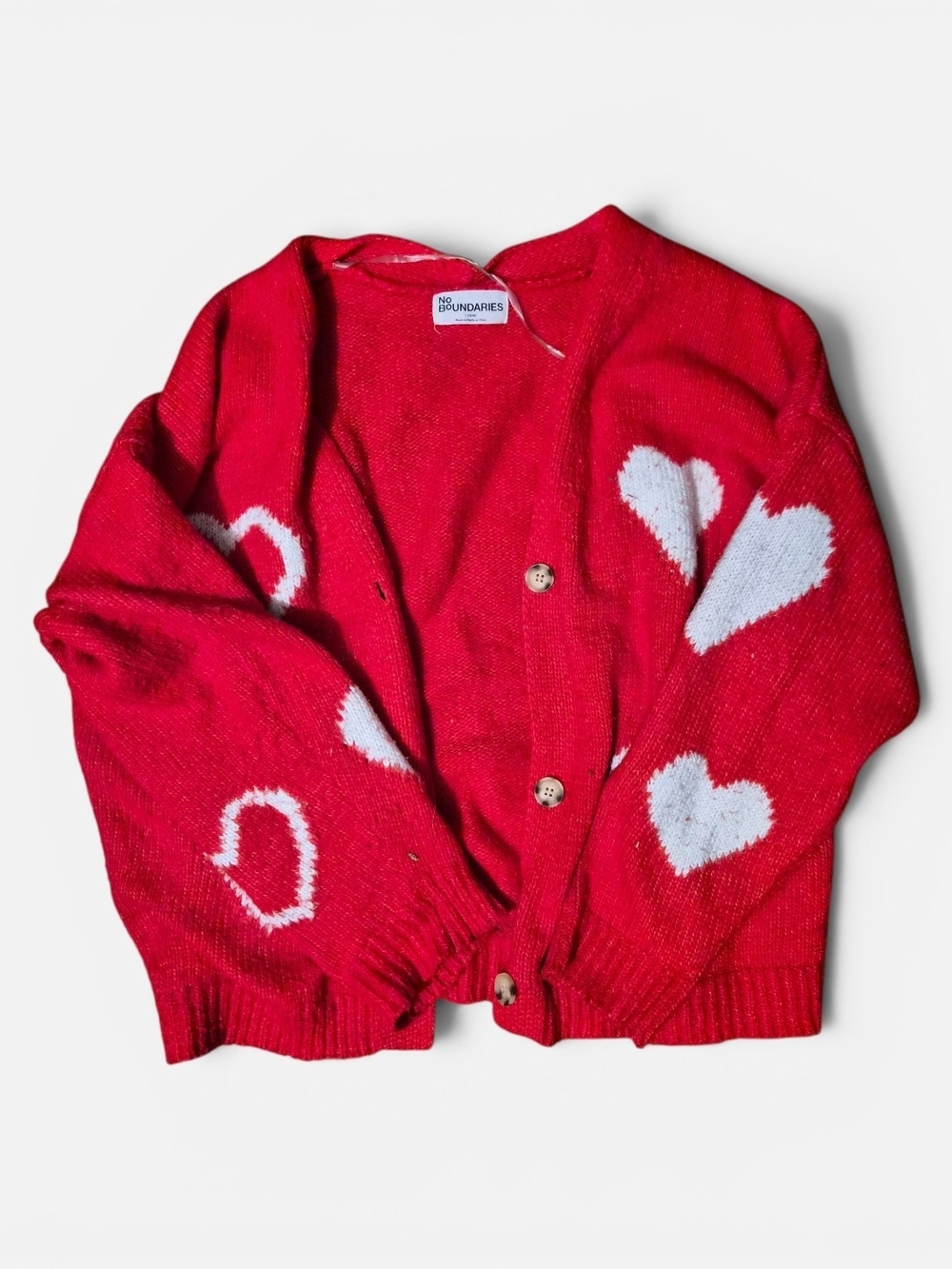 No Boundaries Red Cardigan with White Heart Motifs